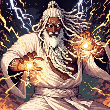 masterpiece, best quality, newest, absurdres, highres, DPAV1.0, pixel art,
1boy, dark skin, dark-skinned male, dredlocks, white dreadlocks, african, african male, beard, blind eyes, empy eyes, white eyes, glowing eyes, monk, white robe, dynamic pose, glowing veins, thunder, lightning, magic, lightning magic, combat stance, fighting stance,