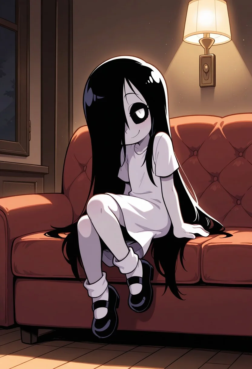 score_9,score_8_up,score_7_up,score_6_up,best quality,masterpiece, 
background is living room, indoors, 
((cinematic lighting)), (shading),
BREAK
1girl, solo, Perfect Body, (Perfect Anatomy:1.0),  
young, ((cute)), (short),
erma, hair over one eye, very long hair, black hair, black sclera, white eyes, hair over eyes, covered face,
white dress, short sleeves, white socks, black mary janes,
floating, hovering, looking at viewer, coy smile, seductive, teasing, flirting,
