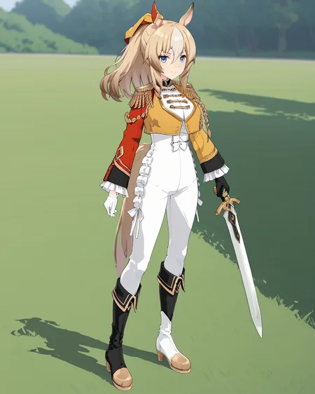 score_9, score_8_up, score_7_up, source_anime, 1girl, solo,
<lora:ãã¥ã©ã³ãã«_ã¦ãå¨_Durandal_Umamusume:0.8>, Durandal3DPony, horse_tail, horse_ears, ponytail,
Shobufuku, epaulettes, white_pants, cropped_jacket, high_heel_boots, black_footwear, mismatched_footwear, mismatched_sleeves, knee_boots, black_gloves, white_gloves,
looking_at_viewer, full_body, light_smile, glassfield, holding_sword,