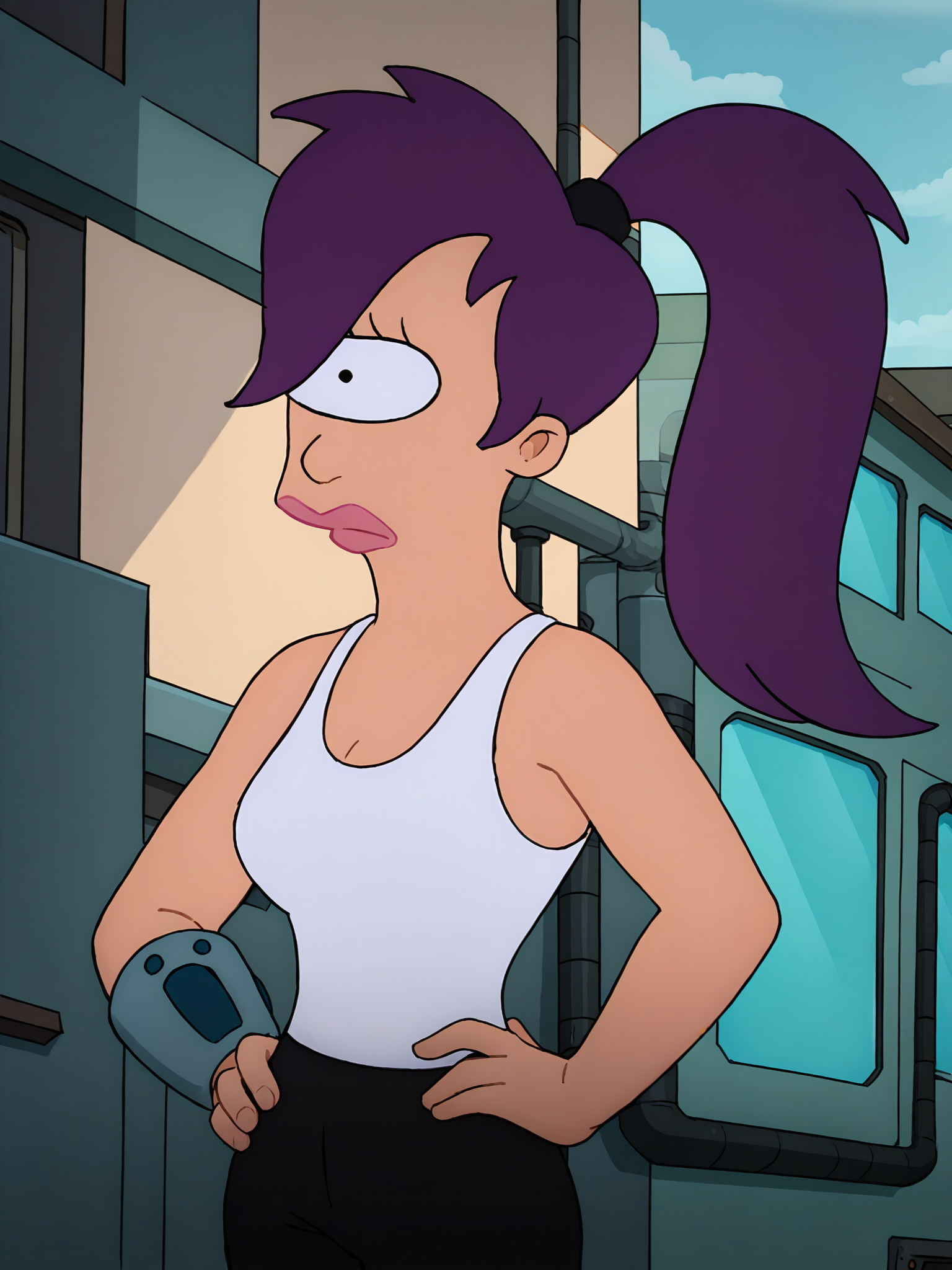 leela, 1girl, purple hair, one-eyed, cyclops, ponytail, long hair, solo, white tank top, black pants, lipstick <lora:LeelaPony1.2_r2:1>,looking at viewer,cowboy shot,upper body,   city, science fiction, hand on own hip, score_9, score_8_up, score_7_up, score_6_up, score_5_up, score_4_up