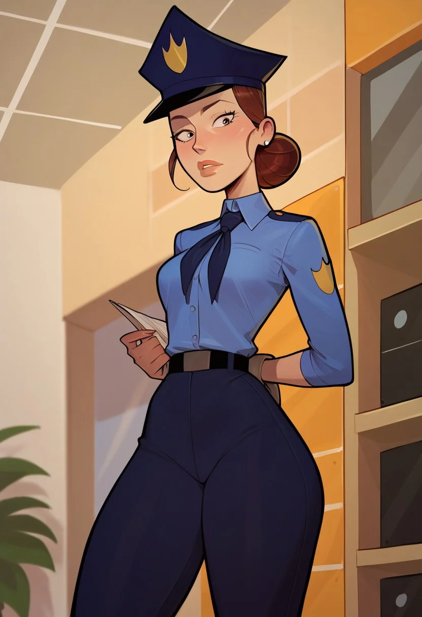 (mall cop), sscore_9, score_8_up, score_7_up, 1girl, brown hair, hair bun, solo, hat, uniform, necktie, single hair bun, belt, pants, shirt, looking at viewer, (score_6_up, score_5_up), solo, standing, source_anime, conceptart, (indoors, Police Department Office)