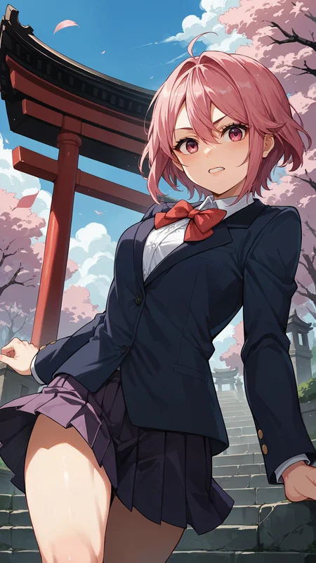 score_9,score_8_up,score_7_up,score_6_up, <lora:xl_more_art-full_v1:0.5>, source_anime, girl, dynamic pose, dorsiflexion, <lora:Aira Shiratori - Pony:0.7>, short hair, pink hair, hair between eyes, pink eyes, school uniform, blue blazer, white collar, collared shirt, red bowtie, pleated skirt, purple skirt, temple, monument, shrine,