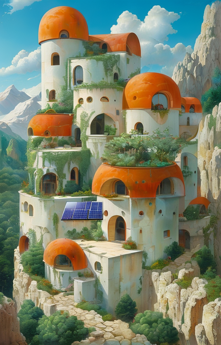 masterpiece,best quality,<lora:tbh306-sdxl:0.9>,illustration,design by Michael Graves, Sustainable eco-village with green roofs and solar panels, nestled in a mountain valley