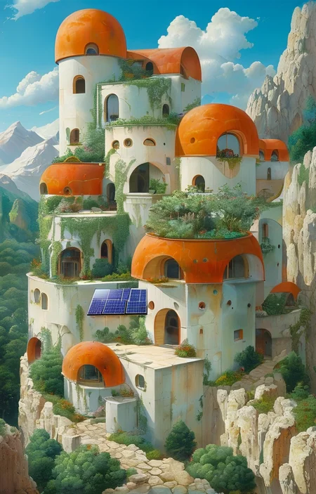 masterpiece,best quality,<lora:tbh306-sdxl:0.9>,illustration,design by Michael Graves, Sustainable eco-village with green roofs and solar panels, nestled in a mountain valley