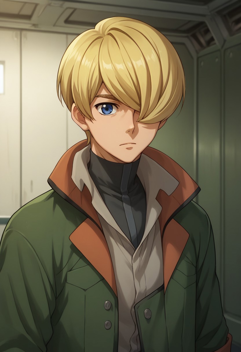 score_9, score_8_up, score_7_up, source_anime, highly detailed, 
yamagi, 1boy, solo, blonde hair, male focus, blue eyes, hair over one eye, gloves, upper body, pants, green jacket,
indoor, hangar,