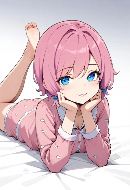 score_9, 1girl, maeve, pink hair, short hair, blue eyes, simao_(x_x36131422), on stomach, legs up, barefoot, hands supporting chin, looking at viewer, smile, blush, parted lips, pajamas
