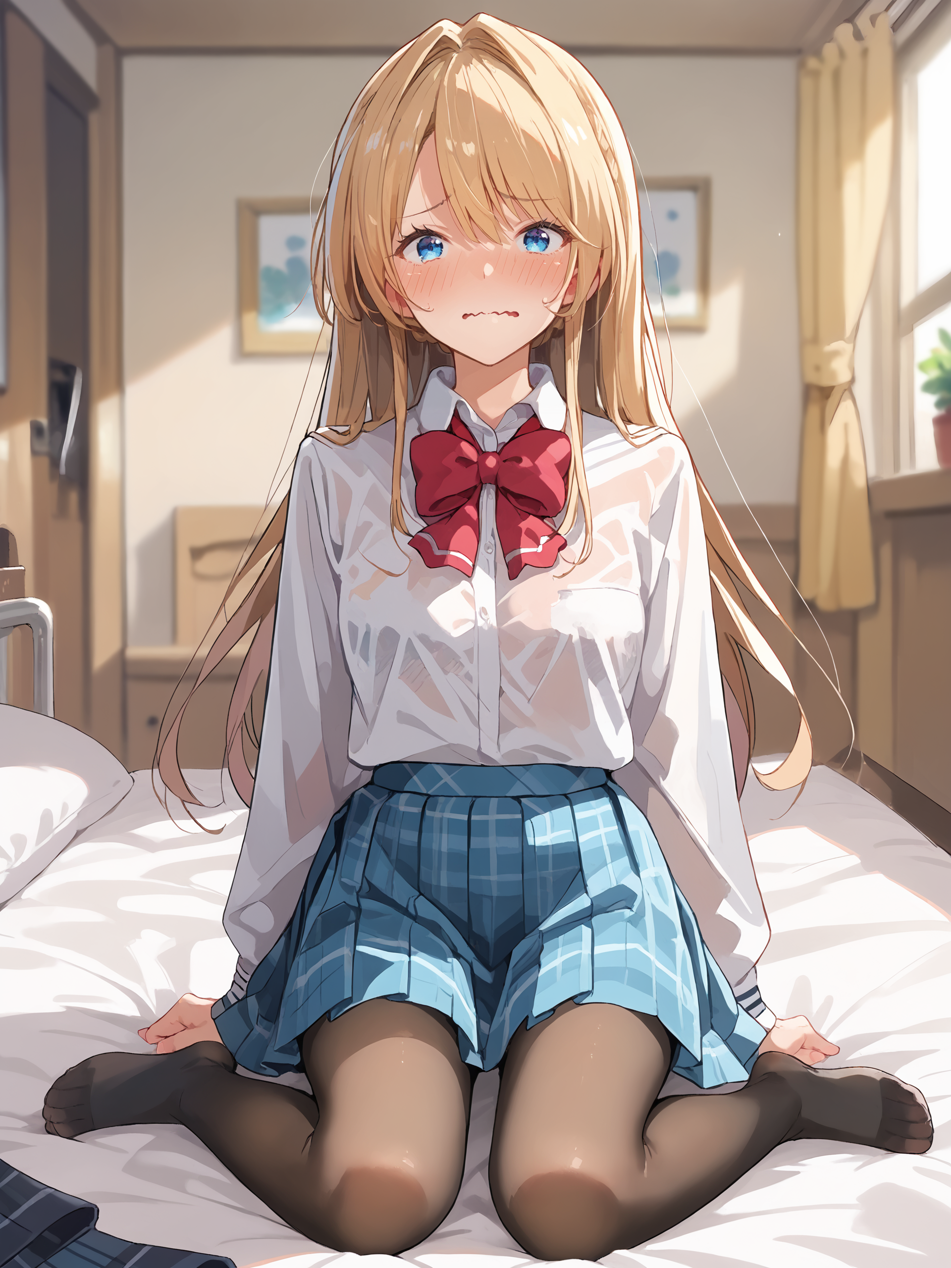 score_9, score_8_up, score_7_up, source_anime, ray tracing, best quality, <lora:Style-Expressive_H-pony:0.8>,  <lora:Char-Ouzuka-Mai-V1-Pony:0.9>,  1girl, ouzuka mai, solo, blue eyes, school uniform, pleated skirt, plaid skirt, white collared shirt, blazer, red bowtie, black pantyhose, looking at viewer, embarrassed, blush, wavy mouth, sitting on bed, full body, bedroom, indoors, blurry background