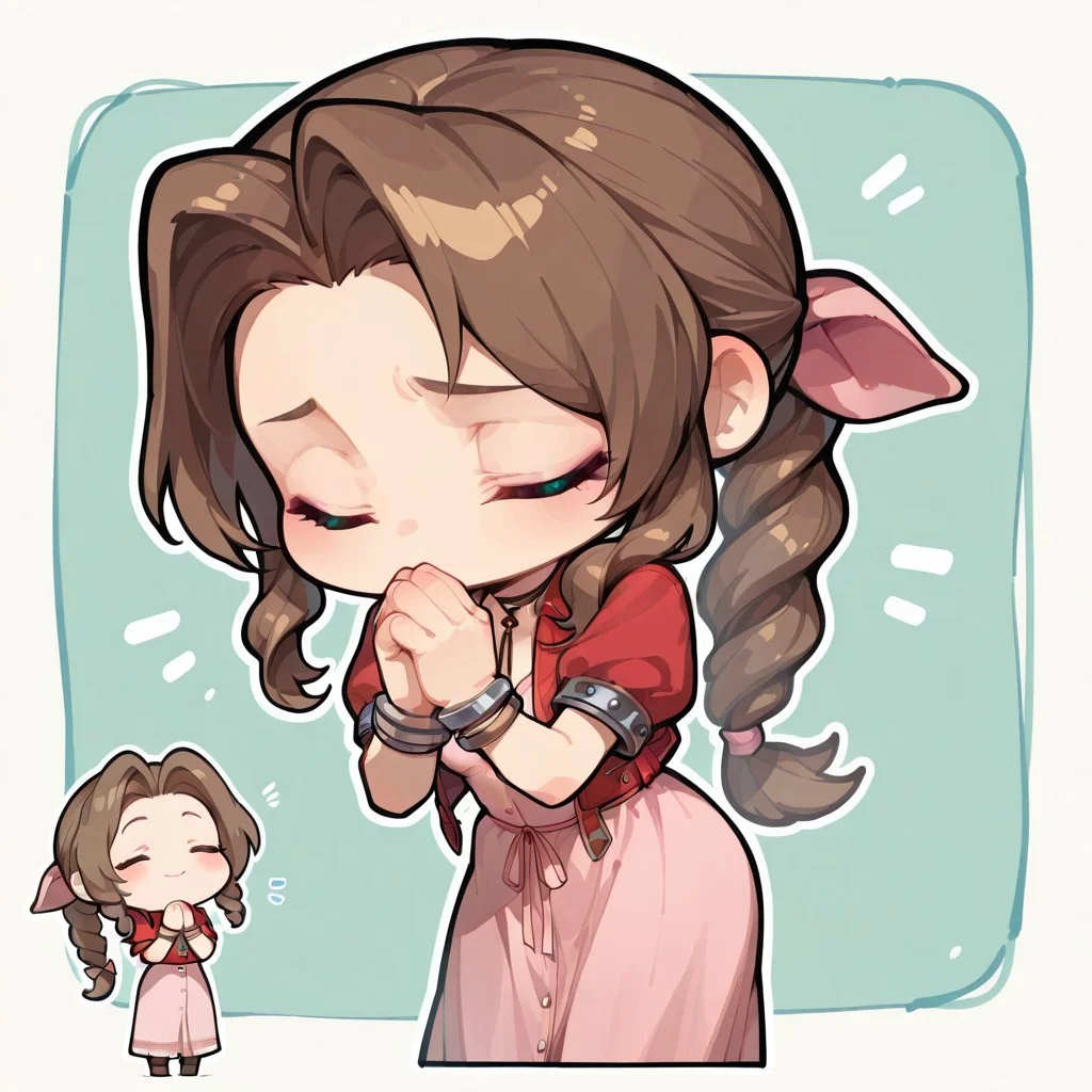 masterpiece, amazing quality, best quality, jrp_il, chibi, aerith gainsborough, cowboy shot, eyes closed, head bowed, praying