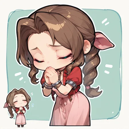 masterpiece, amazing quality, best quality, jrp_il, chibi, aerith gainsborough, cowboy shot, eyes closed, head bowed, praying