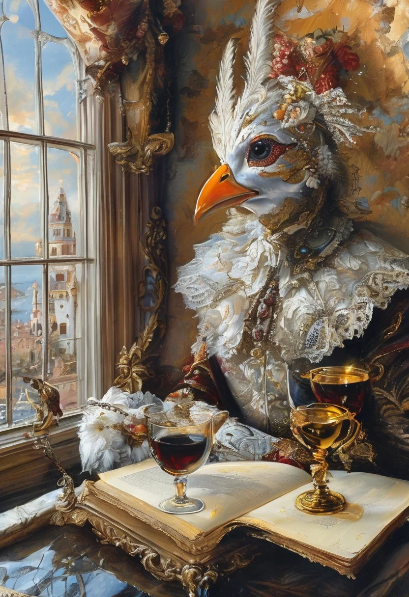 A still life in the style of 17th-century Dutch masters: Venetian mask with gilt edges and velvet texture, antique brass hourglass, crystal goblet filled with red wine, grapes with dewdrops. Dramatic Rembrandt-style lighting from a side window casting deep shadows. Through the window: a fantasy landscape — medieval castle with floating bridges and stained-glass towers, Baroque clouds (voluminous, illuminated by golden light), and a majestic dragon with iridescent scales soaring across the sky. Details: dust motes in light beams, cracked plaster walls, dragon's reflection in the goblet. Technique: oil painting with glazing layers, chiaroscuro contrast, hyperrealistic textures of aged wood and polished crystal.