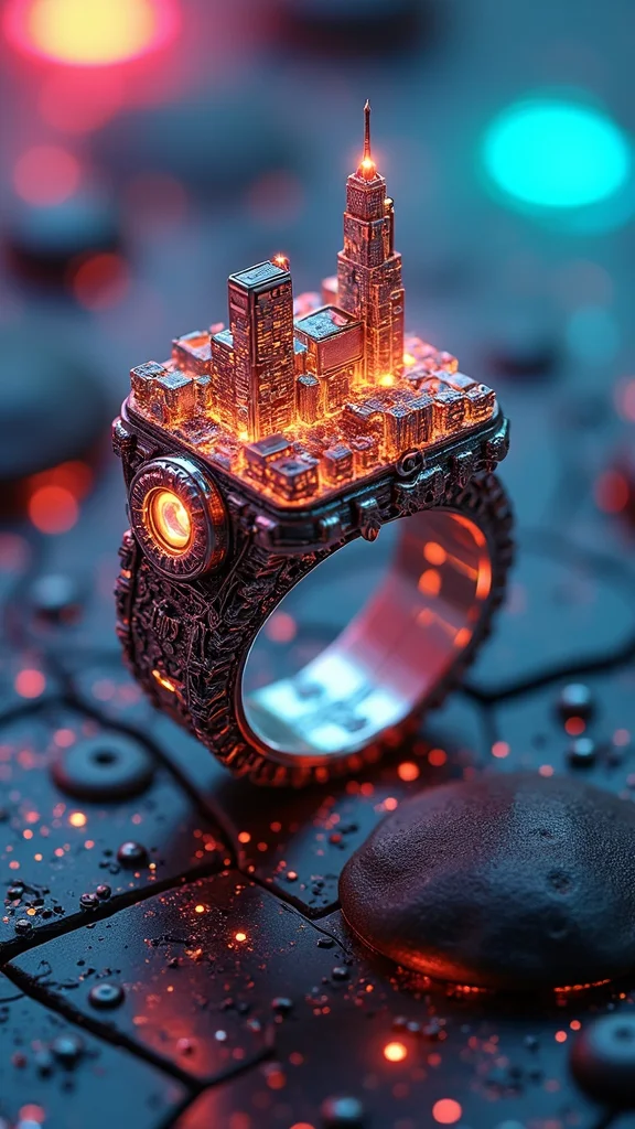 sci-fi resin ring, intricate design featuring a miniature cyberpunk city, embedded computer chips, glowing LED lights, set against a vast vibrant cyberpunk background, ultra-detailed, mesmerizing colors, shiny textures, high-tech ambiance, futuristic vibe, elaborate patterns, depth of detail, 4K resolution, a masterful blend of artistry by Alexander Jansson and Android Jones.