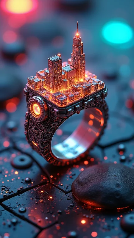 sci-fi resin ring, intricate design featuring a miniature cyberpunk city, embedded computer chips, glowing LED lights, set against a vast vibrant cyberpunk background, ultra-detailed, mesmerizing colors, shiny textures, high-tech ambiance, futuristic vibe, elaborate patterns, depth of detail, 4K resolution, a masterful blend of artistry by Alexander Jansson and Android Jones.