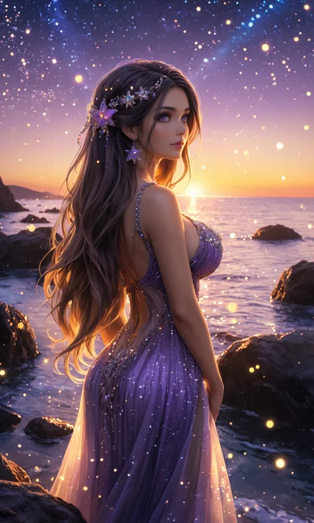 photorealistic, realistic composition, absurdly long hair, glittering dust, extremely low lighting, close-up shot, long fingernails, huge breasts, long bangs, purple sky, lens flare,
A striking woman with radiant hair and a fireflies-covered gown, standing on a rocky shoreline under a star-filled sky, elaborately detailed background, 4k resolution, realistic reflections, soft glow, camera angle from behind, looking out to sea, wistful expression.
<lora:CinematicStyle_v1:1>, <lora:extremely_detailed:1> extremely detailed