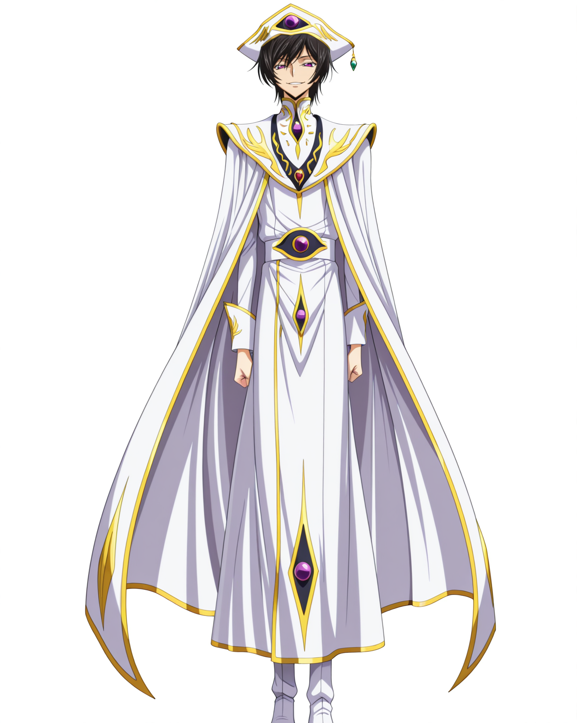 anime coloring,anime screencap,
highres,best quality,masterpiece,
shiny skin,
BREAK
<lora:transparent-background-illustriousxl-lora-nochekaiser:1>,transparent background,simple background,white background,
BREAK
LeluBritish,Lelimperator,
1boy,solo,male focus,purple eyes,black hair,<lora:Lelouch_vi_Britannia_Zero_Code_Geass:1>,
hat,long sleeves,cape,white headwear,gem,white footwear,white cape,
standing,evil smile,upper_body,