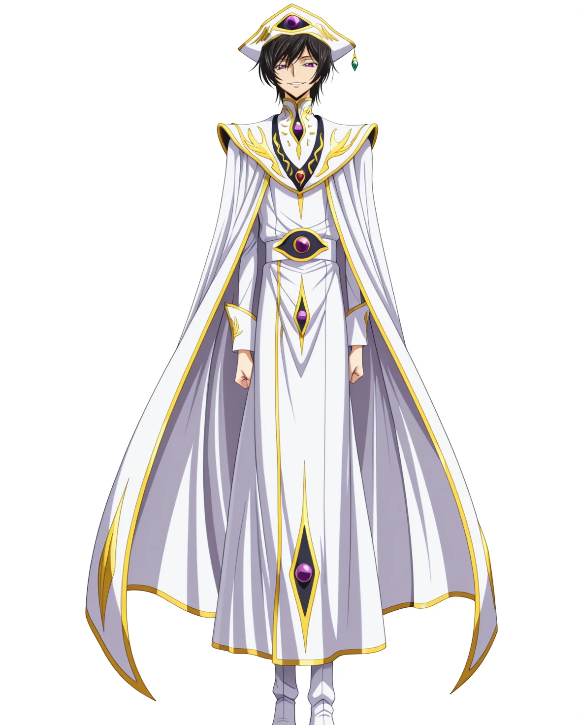 anime coloring,anime screencap,
highres,best quality,masterpiece,
shiny skin,
BREAK
<lora:transparent-background-illustriousxl-lora-nochekaiser:1>,transparent background,simple background,white background,
BREAK
LeluBritish,Lelimperator,
1boy,solo,male focus,purple eyes,black hair,<lora:Lelouch_vi_Britannia_Zero_Code_Geass:1>,
hat,long sleeves,cape,white headwear,gem,white footwear,white cape,
standing,evil smile,upper_body,