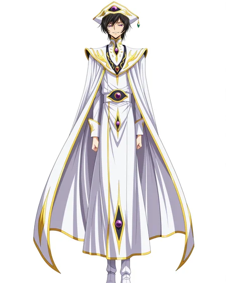 anime coloring,anime screencap,
highres,best quality,masterpiece,
shiny skin,
BREAK
<lora:transparent-background-illustriousxl-lora-nochekaiser:1>,transparent background,simple background,white background,
BREAK
LeluBritish,Lelimperator,
1boy,solo,male focus,purple eyes,black hair,<lora:Lelouch_vi_Britannia_Zero_Code_Geass:1>,
hat,long sleeves,cape,white headwear,gem,white footwear,white cape,
standing,evil smile,upper_body,