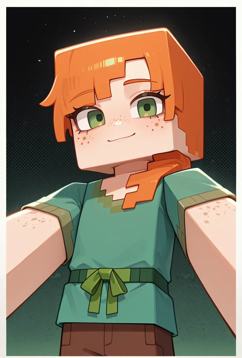 <lora:alexmc-10:1> alexmc, orange hair, 1girl, solo, green eyes, long green shirt, brown pants, short sleeves, freckles, square arms, square body, green waist ribbon,  minecraft world, looking at viewer, masterpiece, best quality, amazing quality, very aesthetic, absurdres, newest,, upper body, halftone effect, white borders, abstract background:1.2,