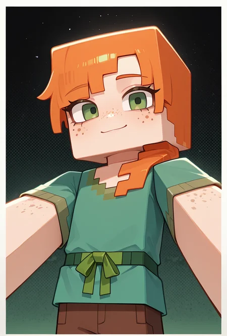 <lora:alexmc-10:1> alexmc, orange hair, 1girl, solo, green eyes, long green shirt, brown pants, short sleeves, freckles, square arms, square body, green waist ribbon,  minecraft world, looking at viewer, masterpiece, best quality, amazing quality, very aesthetic, absurdres, newest,, upper body, halftone effect, white borders, abstract background:1.2,