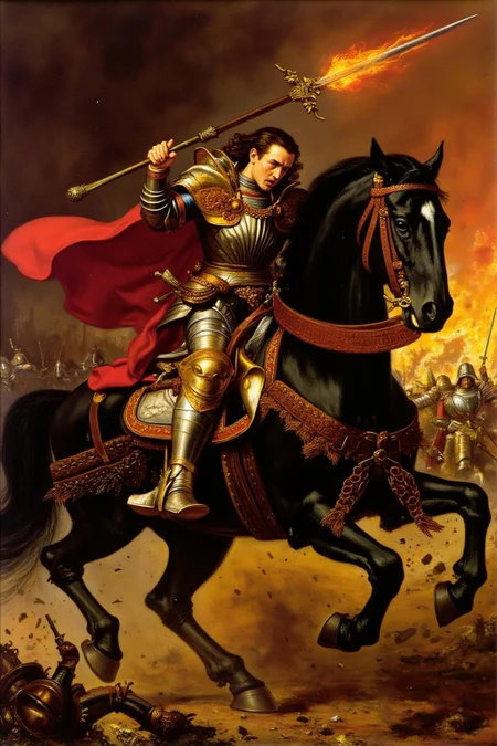 jem1 painting.
A highly detailed and dynamic fantasy painting of a fierce warrior charging into battle on a powerful black horse. The warrior is clad in intricate, ornate armor with gold and red accents, wielding a flaming spear in one hand. His face is expressive with rage and determination, his eyes glowing red. The horse is armored, rearing up amidst a storm of dust, sparks, and debris. The background is chaotic with the suggestion of a fiery battlefield and distant silhouettes of warriors. The overall atmosphere is intense and dramatic, with vibrant colors and a sense of motion and energy. Painted in the style of classical epic battle art with vivid realism and texture <lora:jem1_cap_d6a3:1.0><lora:822876753073537199:0>