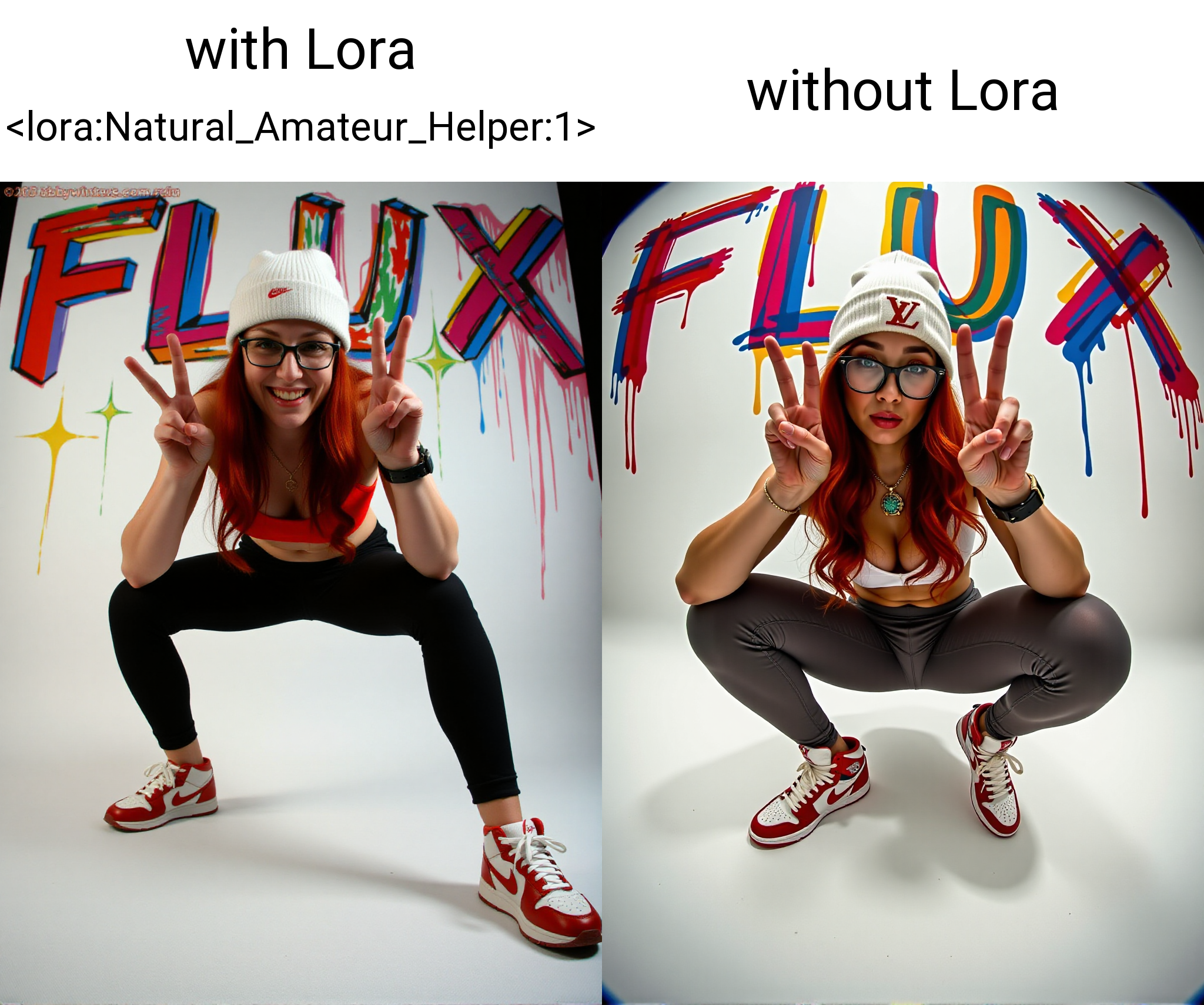 lifestyle photography, a natural woman , redhead, wearing a white louis vuitton beanie with red LV print, she is posing for a picture, doing the "V" victory hand sign with one hand, squatting, wearing tight lycra yoga pants, a sports bra, a collar with emeralds, a rolex watch, red white and black nike air jordan 1 chicago sneakers, picture taken from below at shoe level, fisheye effect, wearing thick rimmed glasses, white background with splashes of colorful paint, and the background above the woman has writing that says in big colorful letters "FLUX", with Lora  <lora:Natural_Amateur_Helper:1>