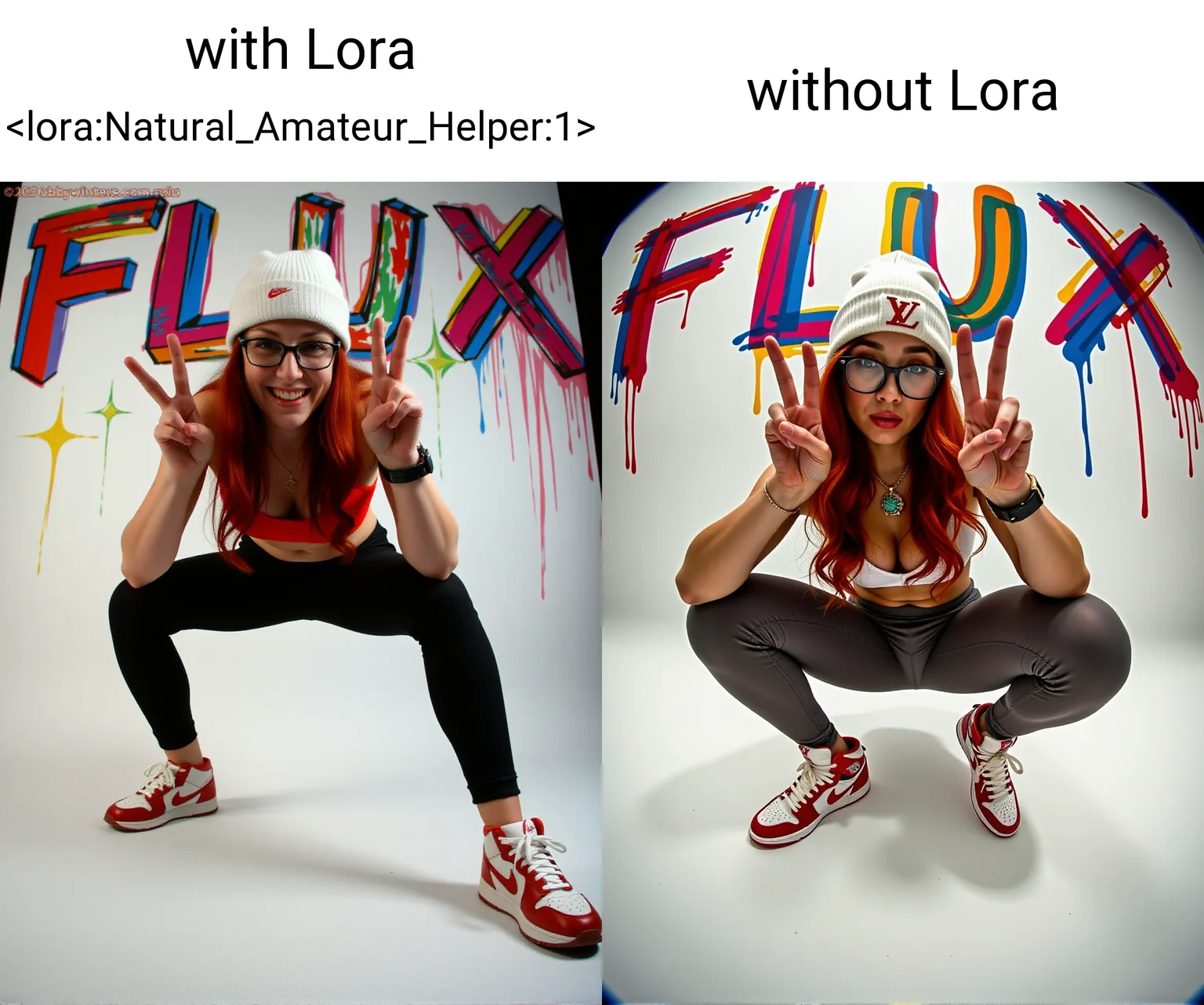 lifestyle photography, a natural woman , redhead, wearing a white louis vuitton beanie with red LV print, she is posing for a picture, doing the "V" victory hand sign with one hand, squatting, wearing tight lycra yoga pants, a sports bra, a collar with emeralds, a rolex watch, red white and black nike air jordan 1 chicago sneakers, picture taken from below at shoe level, fisheye effect, wearing thick rimmed glasses, white background with splashes of colorful paint, and the background above the woman has writing that says in big colorful letters "FLUX", with Lora <lora:Natural_Amateur_Helper:1>