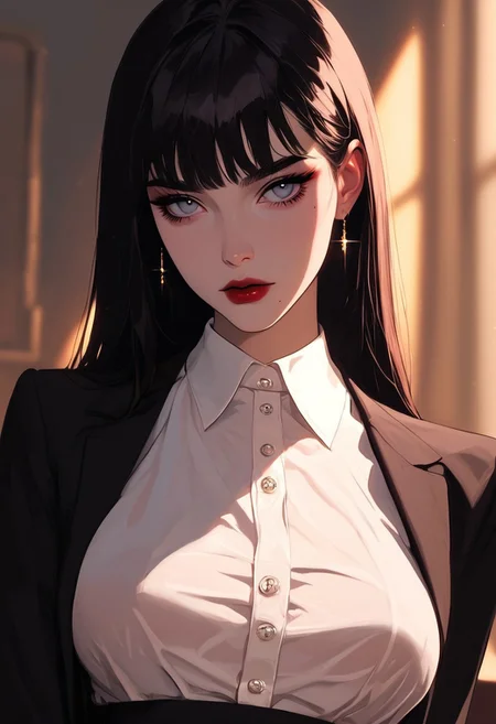 masterpiece,best quality, highly detailed, score_9, score_8_up, score_7_up, score_6_up, source_cartoon,
BREAK
1girl, 34 years old, slim waist, large natural breasts with slight sagging, braless, pale skin, light makeup (dark red lips, sharp eyeliner, defined eyebrows), long black hair, straight strands, tight black suit (semi-transparent blouse, pencil skirt), garter belt, stockings, high heels, cold expression, looking straight ahead, extreme close-up on face and upper body, office setting, bright lighting, rich details, soft shadows, intense focus, raw power dynamics
BREAK
dynamic light, warm_light, vibrant colors warm_colors, soft focus, high contrast, textured surfaces, depth of field, golden hour lighting, dramatic shadows, rich details, nature-inspired color palette, playful composition.