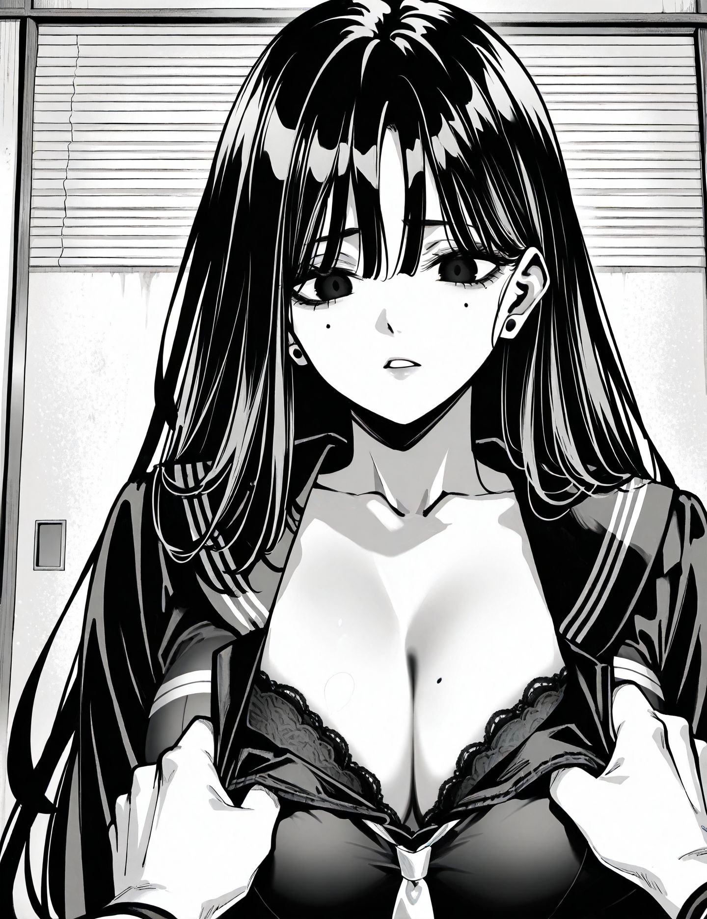 <lora:add-detail-xl:0.5>,masterpiecebest quality,anime coloring,anime screenshot,
<lora:bouryokubannzai:1>bouryokubannzaiV1,
grabbing clothes, pulling open bra, exposing cleavage, , pulling fabric outward,
greyscale,monochrome, pov hands, black eyes,
breasts,underwear, 
mole under eye,mole,
bra, school uniform,  
cleavage,b_rikudou,