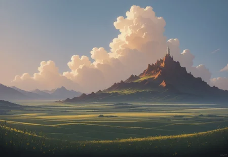score_9, score_8_up, masterpiece, best quality, absurdres, highres, high quality, highly detailed, landscape photography, fields of golden grain, bright blue sky with white wisps of cloud, a single tree, natural lighting, high contrast, vibrant color, arcane