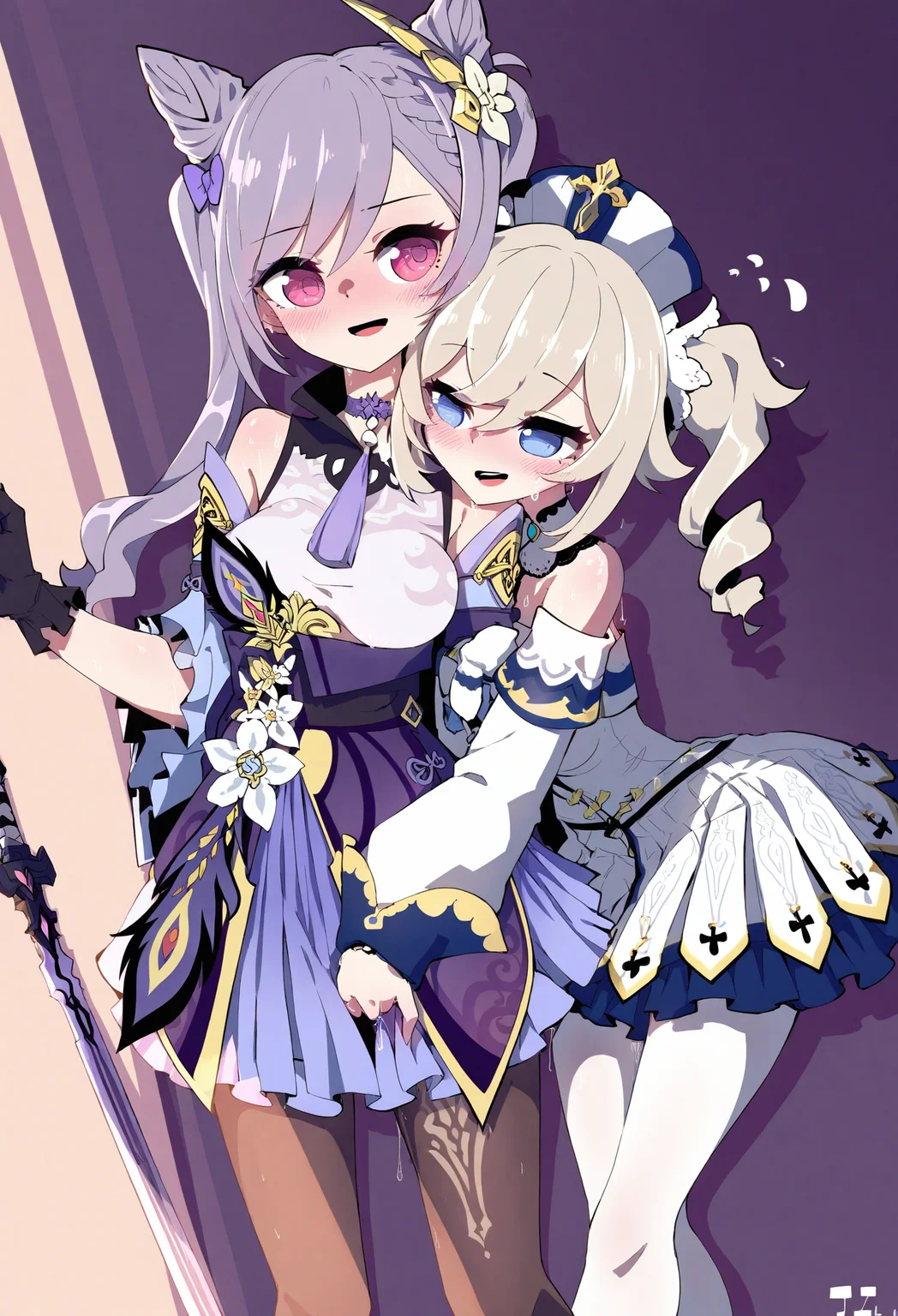 multiple girls, 2girls, keqing \(genshin impact\), barbara \(genshin impact\),
twintails, pantyhose, purple hair, hair bun, sword, blue eyes, gloves, fingering, yuri, weapon, cone hair bun, dress, blush, open mouth, blonde hair, drill hair, hair ornament, hat, holding sword, long hair, holding weapon, purple eyes, breasts, holding, black gloves, twin drills, bare shoulders, sweat, smile, skirt, double bun, white pantyhose, medium breasts, braid, white dress, detached sleeves, twin braids,
.
masterpiece, best quality, very aesthetic, absurdres
<lora:仿²¢forNoob:0.95>