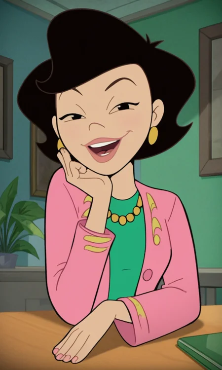 score_9, score_8_up, score_7_up, score_6_up, score_5_up, score_4_up, show accurate style, source_cartoon , flat colors, susanlong, black hair, short hair, black eyes, 1girl, solo, sitting, upper body only ,interior, sitting across table, pov across table,  pink jacket, green shirt, earrings, necklace, parted lips, dutch angle, ,Perfect Hands,AddXL, leaning forward, cute smile, 