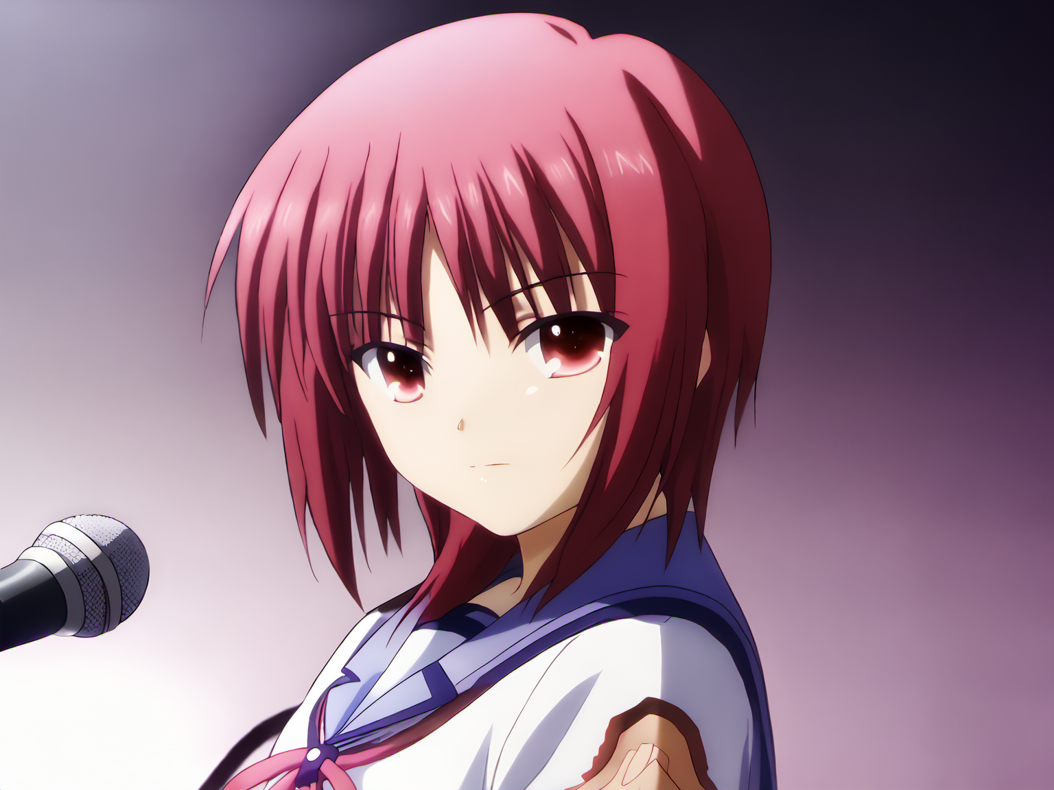Iwasawa, 1girl, short hair, red, hair, serafuku, shinda sekai sensen uniform,red eyes,  black thighhighs, loafers, <lora:IwasawaSDXLPony-16-16-C-animeonly:0.9>, on stage, microphone, shadows, dark background, upper body,