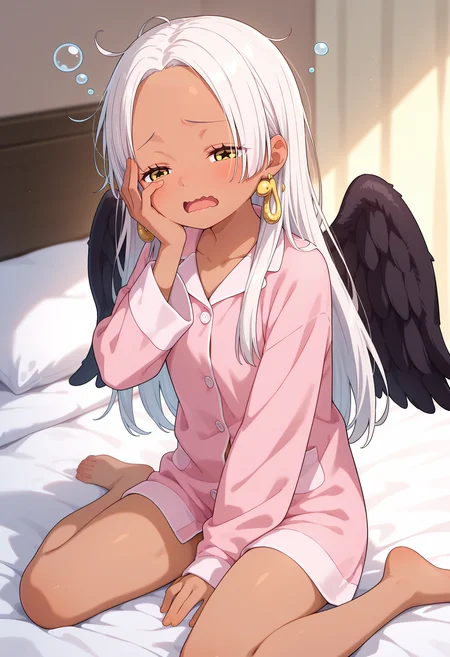 best quality, masterpiece, aass, long hair, white hair, dark-skinned female, earrings, yellow eyes, star-shaped pupils, black wings, <lora:s-snake_ilxl_v1:0.9>, pajamas, no pants, sitting, wariza, on bed, sleepy, wavy mouth, open mouth, half-closed eyes, hand on own face,