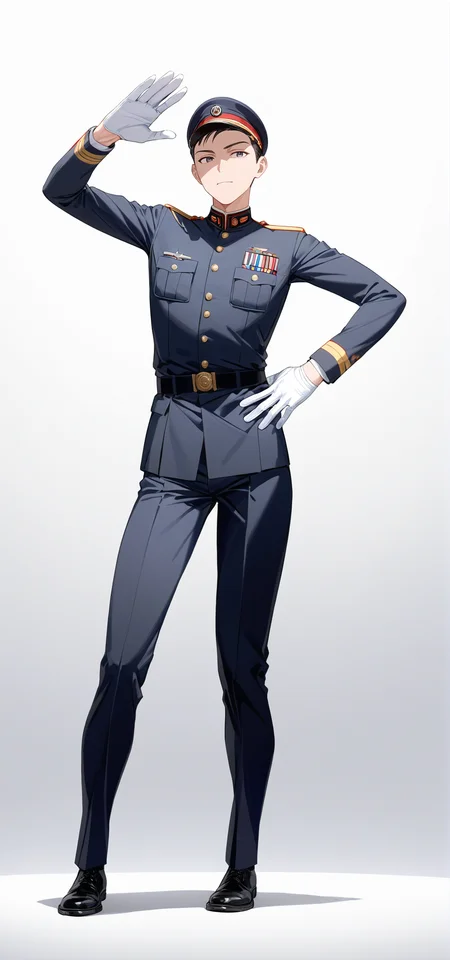 best quality, masterpiece, score_9, score_8_up, score_7_up, rating_safe, source_anime,
1man, solo, adult, military, salute, cap, uniform,
simple background, empty background, white background,