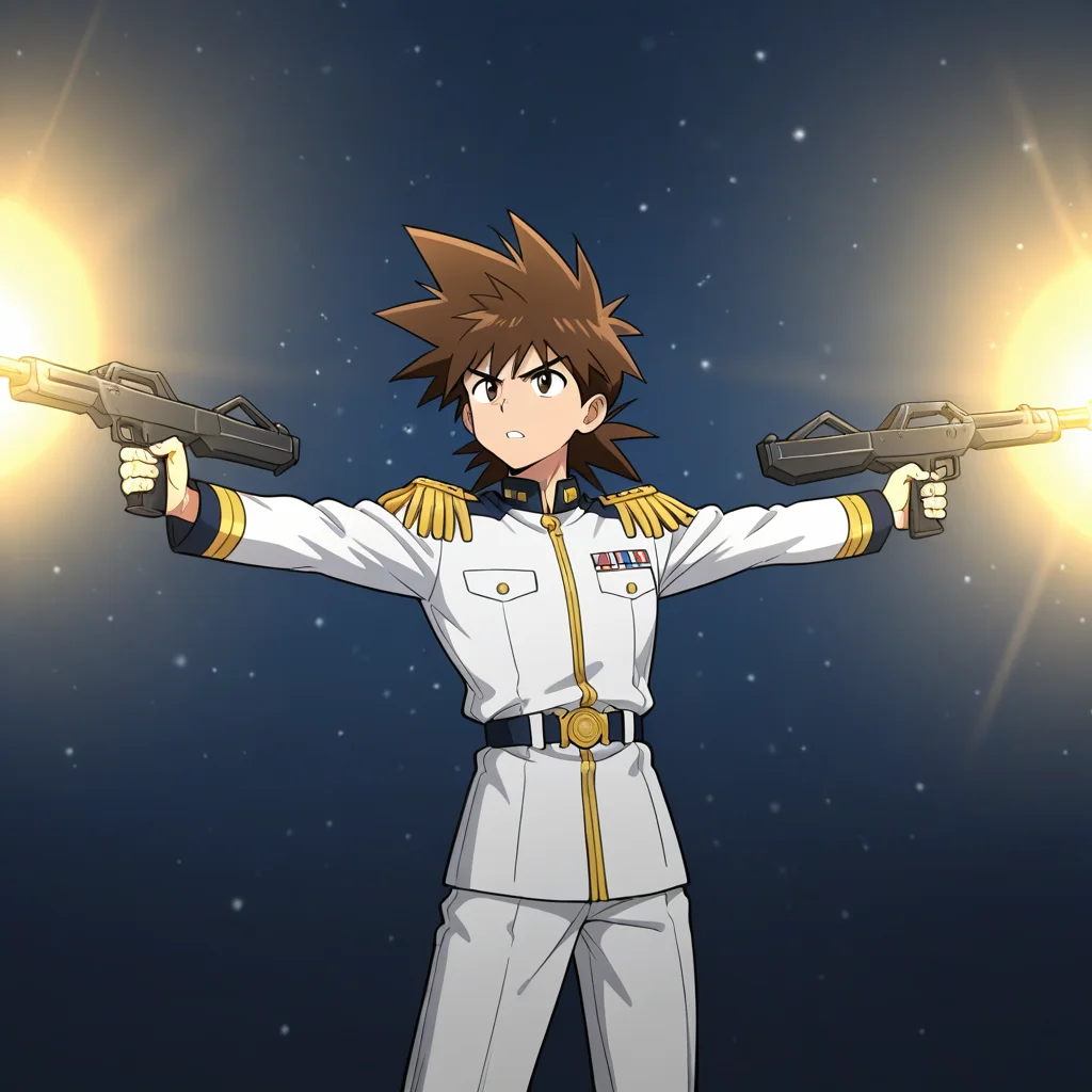 rollingbusterrifle, holding gun, beam rifle, spread arms, outstretched arms, 1boy, solo, brown hair, medium hair, spiked hair, military uniform, cowboy shot, outer space, serious, parted lips,