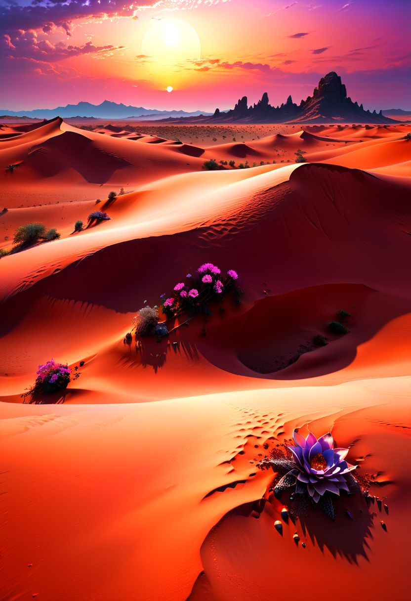 Illustrate a mesmerizing alien desert landscape with vast dunes of shimmering, colorful sand. Giant, crystalline formations rise from the ground, catching the light of twin suns. Exotic, resilient plants with glowing flowers dot the horizon. The sky is a blend of vibrant oranges and purples, with a distant nebula visible. Best quality, high resolution, extremely detailed, 8k. UHD, masterpiece, trending on artstation, sharp focus, studio photo, intricate details, highly detailed, by greg rutkowski<lora:xl_more_art-full_v1:0.5>