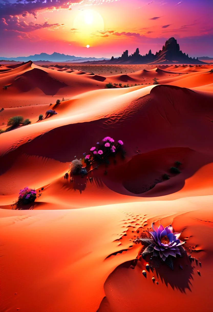 Illustrate a mesmerizing alien desert landscape with vast dunes of shimmering, colorful sand. Giant, crystalline formations rise from the ground, catching the light of twin suns. Exotic, resilient plants with glowing flowers dot the horizon. The sky is a blend of vibrant oranges and purples, with a distant nebula visible. Best quality, high resolution, extremely detailed, 8k. UHD, masterpiece, trending on artstation, sharp focus, studio photo, intricate details, highly detailed, by greg rutkowski<lora:xl_more_art-full_v1:0.5>