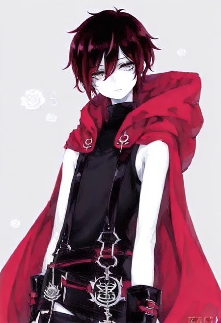 Solo , 1 boy , score_9, score_8_up, score_7_up, score_6 ,Garnet_Rose , Garnet_BroRose, dark red hair white skin , grey eyes , red cape , black clothes , black boots , front view , upper body focus , upper body only