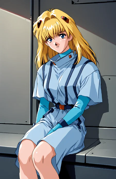 score_9, score_7_up, 1girl, sitting, blonde hair, looking at viewer, indoors, retro artstyle, blue eyes, <lora:Guyanarock style-000046:1>