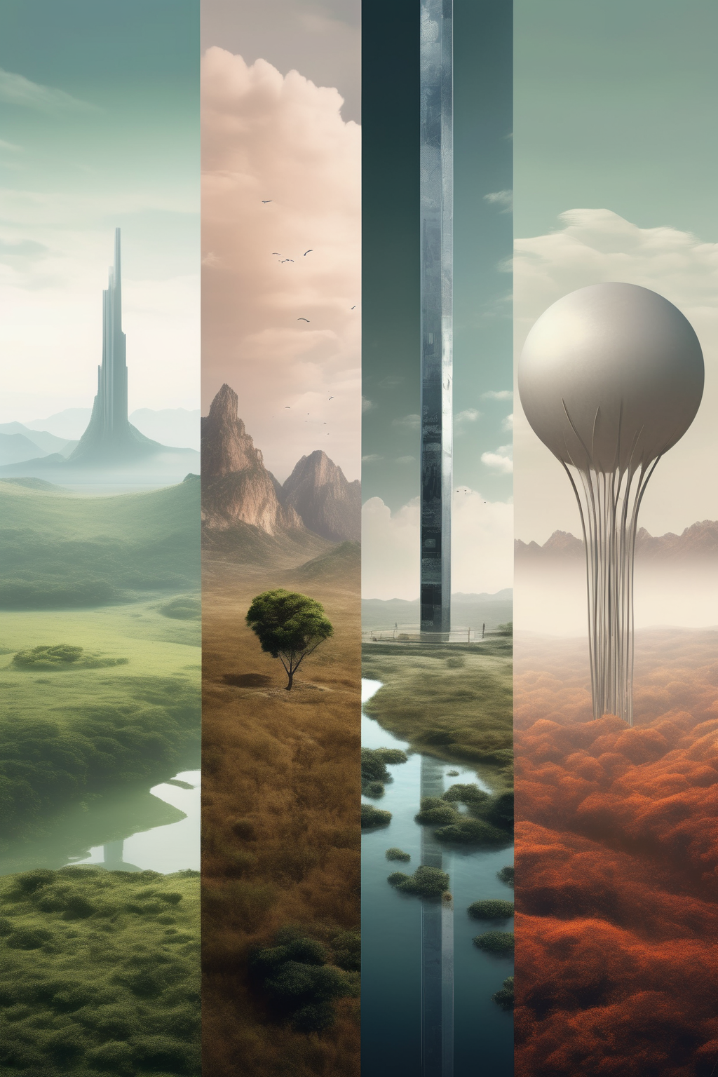 <lora:Vertical Landscapes:1>Vertical Landscapes - Minimalist art style; A captivating and thought-provoking image showcasing three stark yet beautiful landscapes positioned side by side, each representing the past, present, and future. The left landscape features lush, untouched nature, symbolizing the pristine state of Earth before modern civilization. The center landscape illustrates the contemporary world, with a subtle balance of nature and infrastructure. The right landscape presents a futuristic vision, characterized by advanced technology and sleek structures harmoniously coexisting with nature. The minimalist art style, utilizing a restrained color palette and simple forms, further highlights the contrast and progression between these three environments. The photograph is captured using a Canon EOS R6 mirrorless camera paired with an RF 24-70mm f2.8L IS USM lens, perfect for achieving crystal-clear details and excellent color accuracy. The camera settings are chosen to emphasize the different elements of each landscape: an aperture of f6.3 for well-defined focus, an ISO of 200 for optimal light sensitivity, and a shutter speed of 1250 sec for a sharp, blur-free result. This eloquent and visually appealing composition invites the viewer to ponder over humanity s journey through time and to imagine the possibilities of the future.
