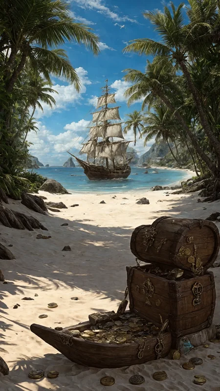 (illustration:1.2), (beautiful caribbean beach pirate landscape), fantasy, sharp focus, (ultradetailed), (ship galleon:1.2), pirate (village), leafy beach coast, (treasure chest with coins, gems and jewels, rum barrel, best quality masterpiece, bright sunny sky, backlight, natural lights, high contrast, hdr, shadows, pretty, beautiful, (PirateDiffusionprt:0.5), <lora:Pirate:0.3> PrateT <lora:PirateRealms:0.3> <lora:Detail Tweaker LoRA add_detail:0.7> <lora:depth_of_field_slider_v1:5> <lora:SDXLrender_v2.0:0.8>