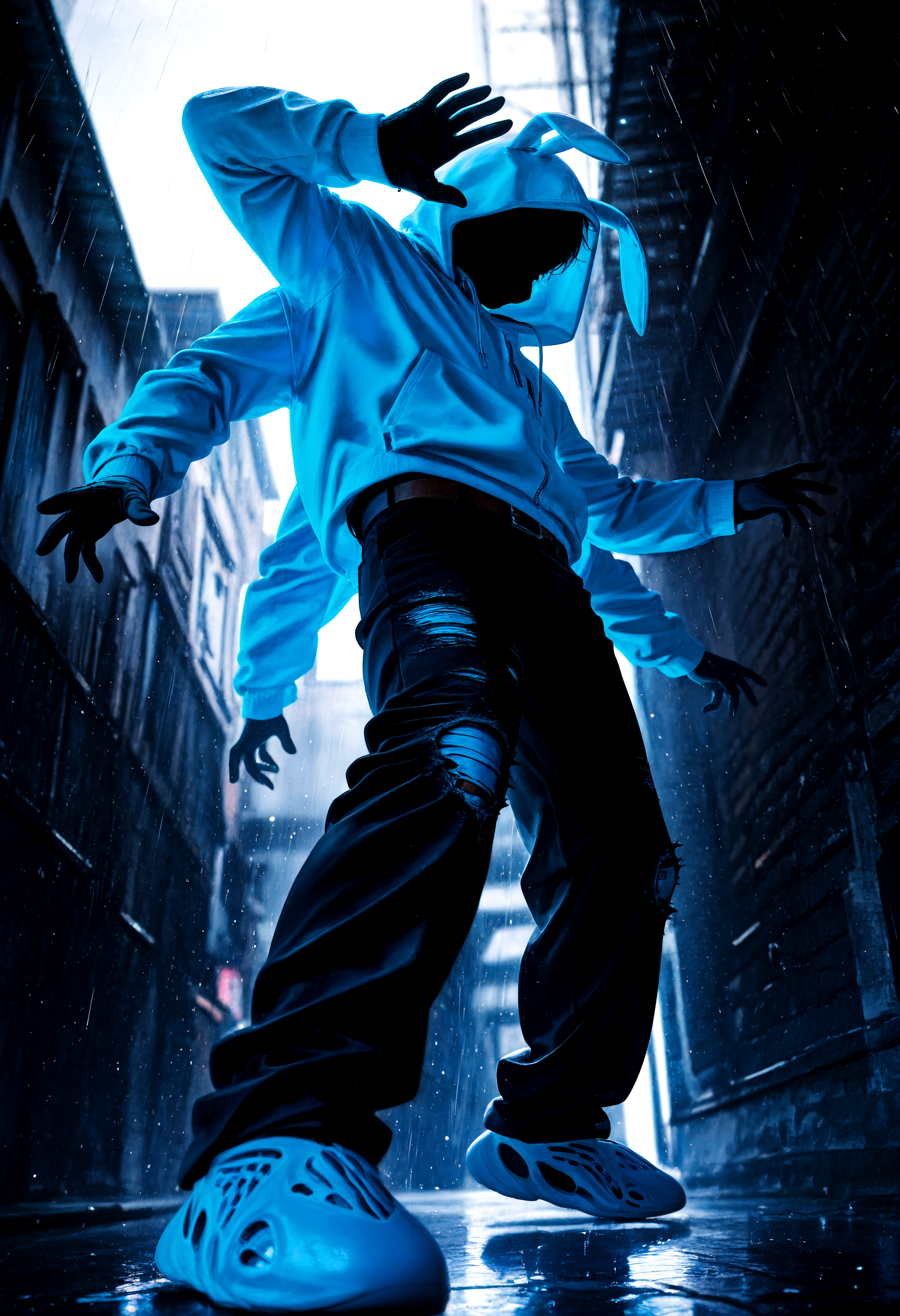 HDR, 8K, high contrast, masterpiece, best quality, amazing quality, very aesthetic, superabsurd res, high resolution, ultra-detailed, absurdres, newest, scenery, (horikoshi kouhei:0.3), (quasarcake:0.3), (wlop:0.3), light rays, chiaroscuro, dynamic angle, foreshortening, full body, from below, perspective, 1boy, faceless, rabbit ear hood, hood up, light blue hoodie, torn pants, black pants, belt, f0am rvnners, light blue footwear, black gloves, open hands, extra arms, outside, dark alley, reflections, rain, backlighting, partially illuminated, Intricately designed, Mysterious Shadows, BREAK, photorealistic, beautiful detailed eyes, detailed skin, detailed hair, volumetric lighting, dappled light, light particles, dramatic shadows, cinematic lighting, photo background, depth of field, <lora:IL\touching_grass_v0.2:0.8> <lora:IL\KMS_Yeezy_Foam_Runners_IL-000019:0.85>