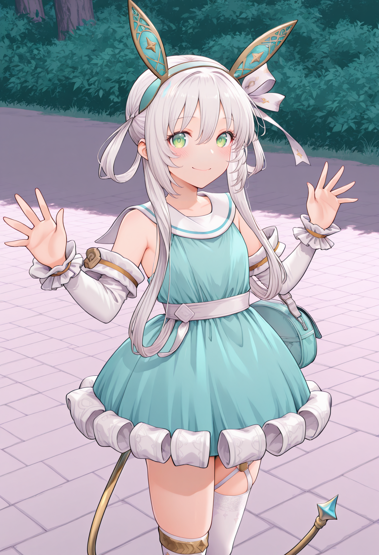 highres, best quality, masterpiece, outdoors,
1girl, solo, plsp2def, white hair, hairband, fake animal ears, hair ornament, hair ribbon, hair between eyes, hair rings,
aqua dress, hair rings, long sidelocks, hair over shoulder, white sailor collar, hair rings, white belt, bare shoulders, sleeveless dress, white trim, detached sleeves, frilled cuffs, jewelry, thighhighs, asymmetrical legwear, cable tail, aqua bag,
looking at viewer, blush, smile,
standing, hands up,
<lora:_plachta_sophie2-elesico-ilxl-rev2:0.9> <lora:_onib-sty-elesico-ilxl-40:1>