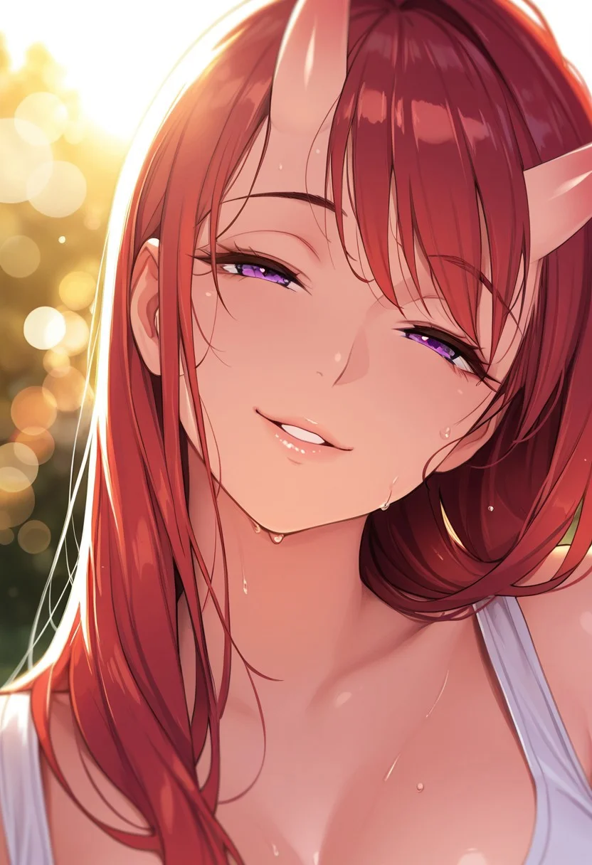 masterpiece, best quality, 1girl, solo, oni, milf, mommy, purple eyes, red hair, long hair, oni horns, looking at viewer, portrait, white tank top, sweat, outdoors, depth of field, smile, half-closed eyes, bokeh, bloom, backlighting, lens flare, head tilt, parted lips,