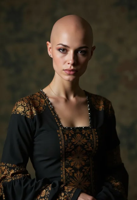 a close up photograph of a woman wearing a black and gold patterned medieval dress that covers her entire body but hugs her form suggestively.  The time period is medieval and the setting is rural ireland, the focus is on her face, she has eyeliner and full lips. Strangely, she has a shiny smooth bald head