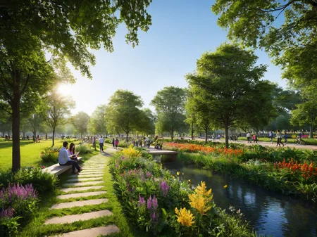 The image showcases a serene and lush urban park or garden setting. There are people leisurely walking, sitting, and interacting in the park. The area is adorned with vibrant flowers, tall trees, and a water body. A walkway with stepping stones is visible, leading towards a raised platform where people are seated. The sun casts a warm glow, illuminating the scene and creating a tranquil ambiance. The image also has a watermark or logo at the bottom right corner that reads 'FRONTOP'.<lora:binshui-000025:0.6>