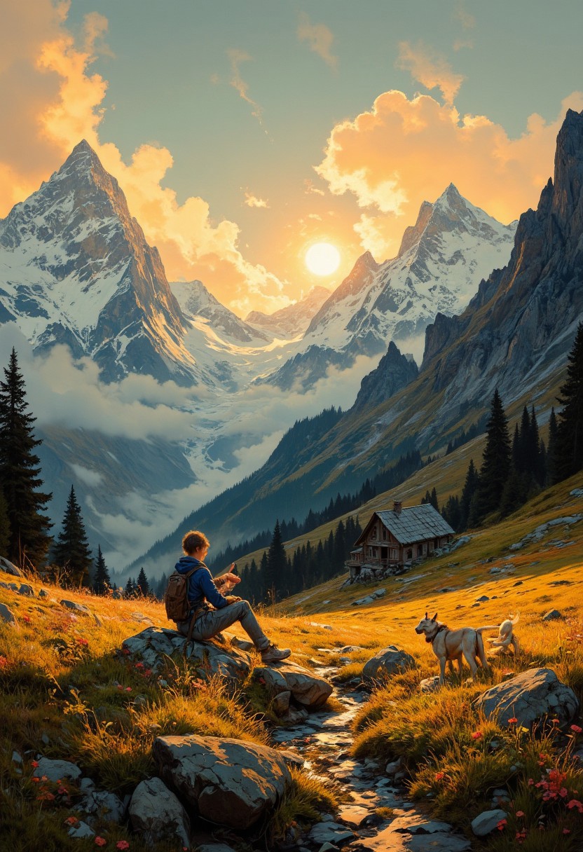 8k high quality digital painting , masterpiece, very detailed, ultra realistic, (best quality) very detailed epic masterpiece, 
unearthly beautiful, a breathtakingly beautiful landscape in the French Alps, in the foreground a little boy is sitting with his dog on a path to a small mountain hut, the low yellow-red sun casts long shadows, enchanting landscape, fairytale-like, calm mood, flowers in the foreground, realistic