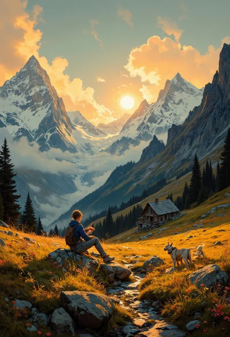8k high quality digital painting , masterpiece, very detailed, ultra realistic, (best quality) very detailed epic masterpiece, 
unearthly beautiful, a breathtakingly beautiful landscape in the French Alps, in the foreground a little boy is sitting with his dog on a path to a small mountain hut, the low yellow-red sun casts long shadows, enchanting landscape, fairytale-like, calm mood, flowers in the foreground, realistic