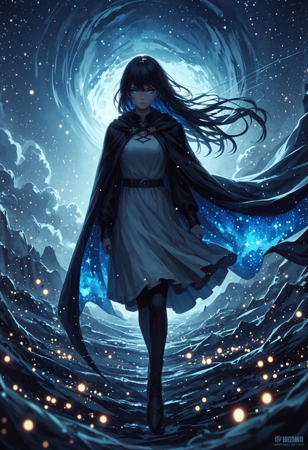 score_9, score_8_up, score_7_up, score_6_up, score_5_up, score_4_up, realistic, concept art
BREAK outside, night, stars, glitter, sparkles, mist, dramatic lighting, action shot
BREAK nyx, goddess of the night, glowing blue eyes, ethereal hair, long flowing hair, dress, cape, wind
<lora:Nyx-GoddessOfTheNight_ponyXL_v10:1> <lora:Guweiz_ponyXL_v10:0.6>