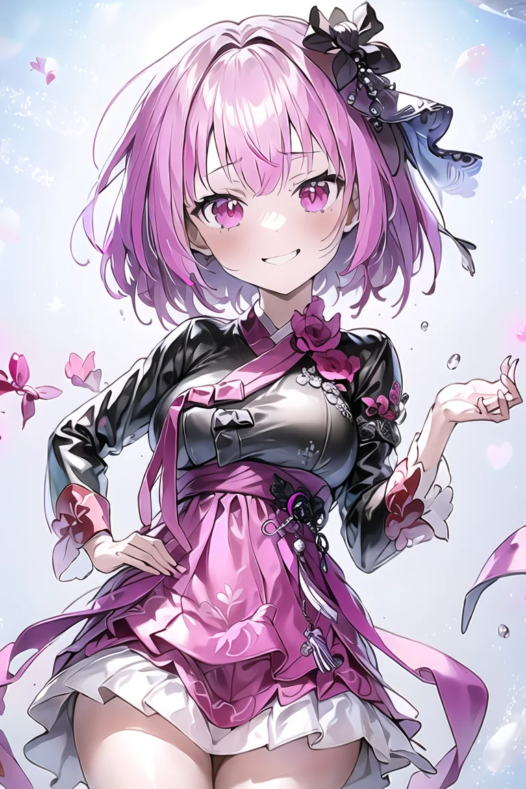 <lora:lucid_v13,1e-3,alpha1:1>,lucid,pink eyes,pink hair,1girl,short hair,standing, <lora:hanboka-000003:1>,hanbok,korean clothes,