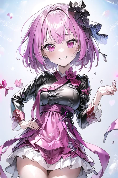 <lora:lucid_v13,1e-3,alpha1:1>,lucid,pink eyes,pink hair,1girl,short hair,standing, <lora:hanboka-000003:1>,hanbok,korean clothes,